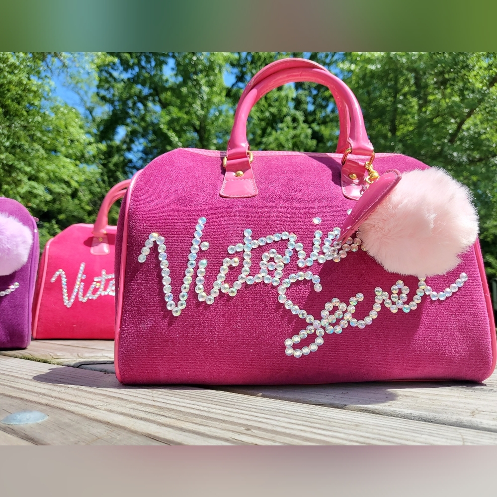 Y2K Victoria's Secret Velour Bedazzle Bowler Bags MAGENTA PINK